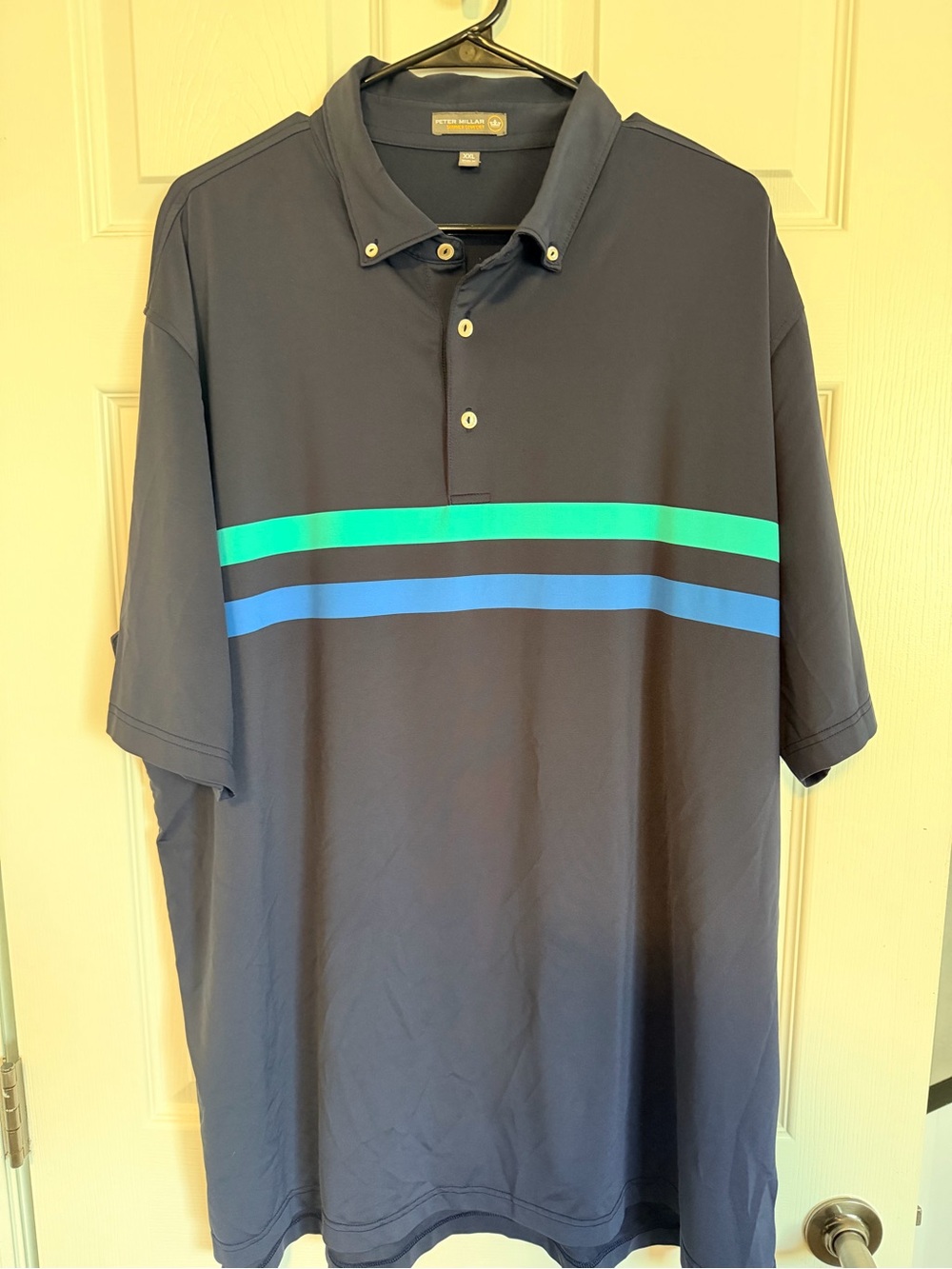 Peter Millar Navy Polo with Teal & Royal Blue Stripes